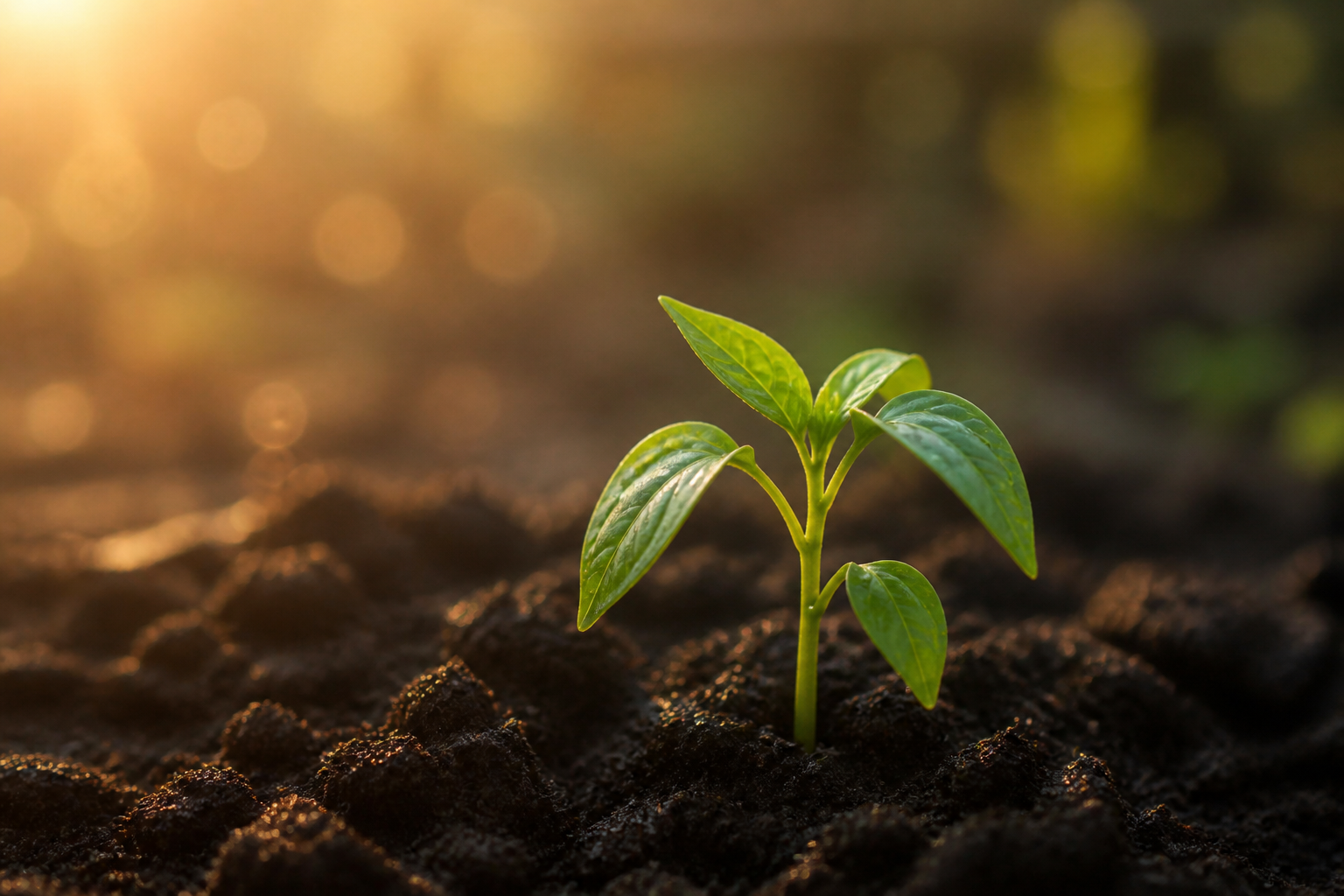 A young seedling growing in soil under soft morning light